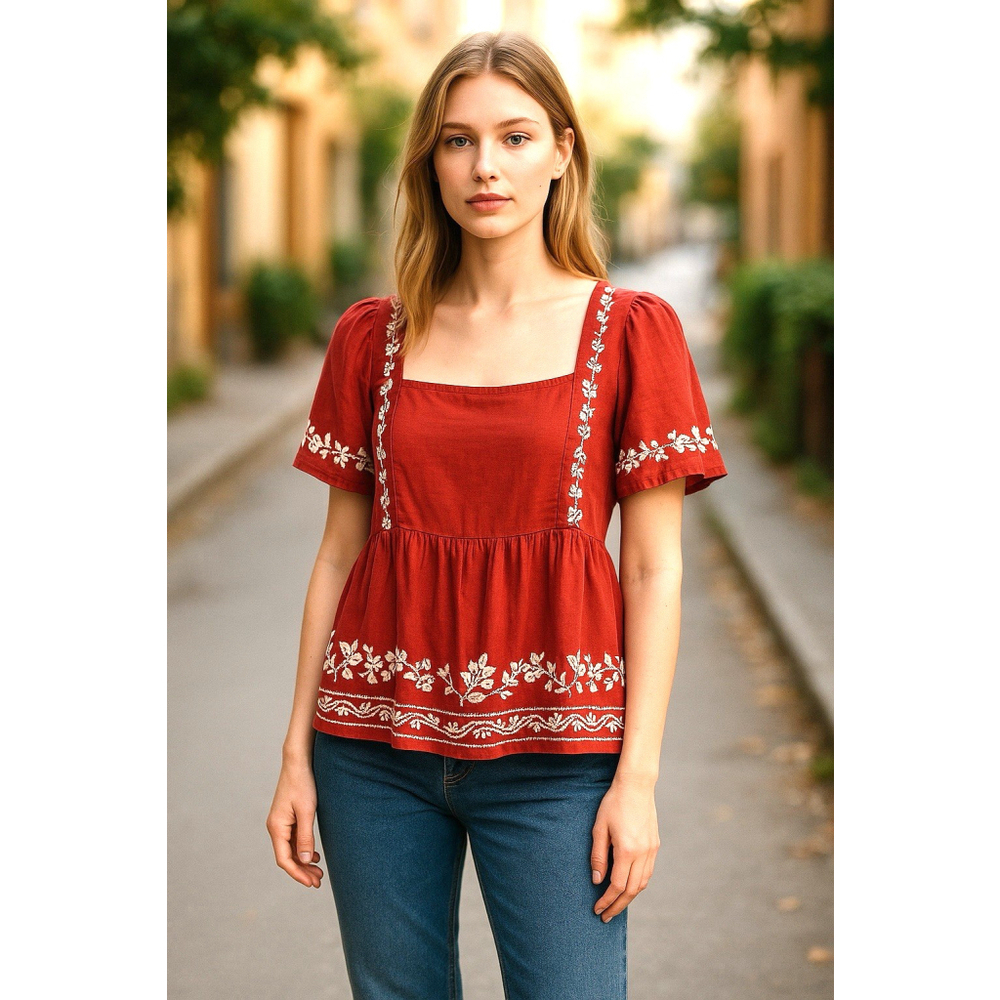 Old Navy‎ Shirt Womens XL Embroidered Floral Peasant Boho Top Short Sleeve